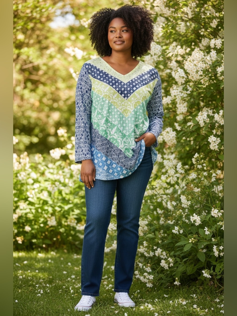 Alfred Dunner Womens Large V Neck Tunic Top Blue Green 3/4 Sleeve